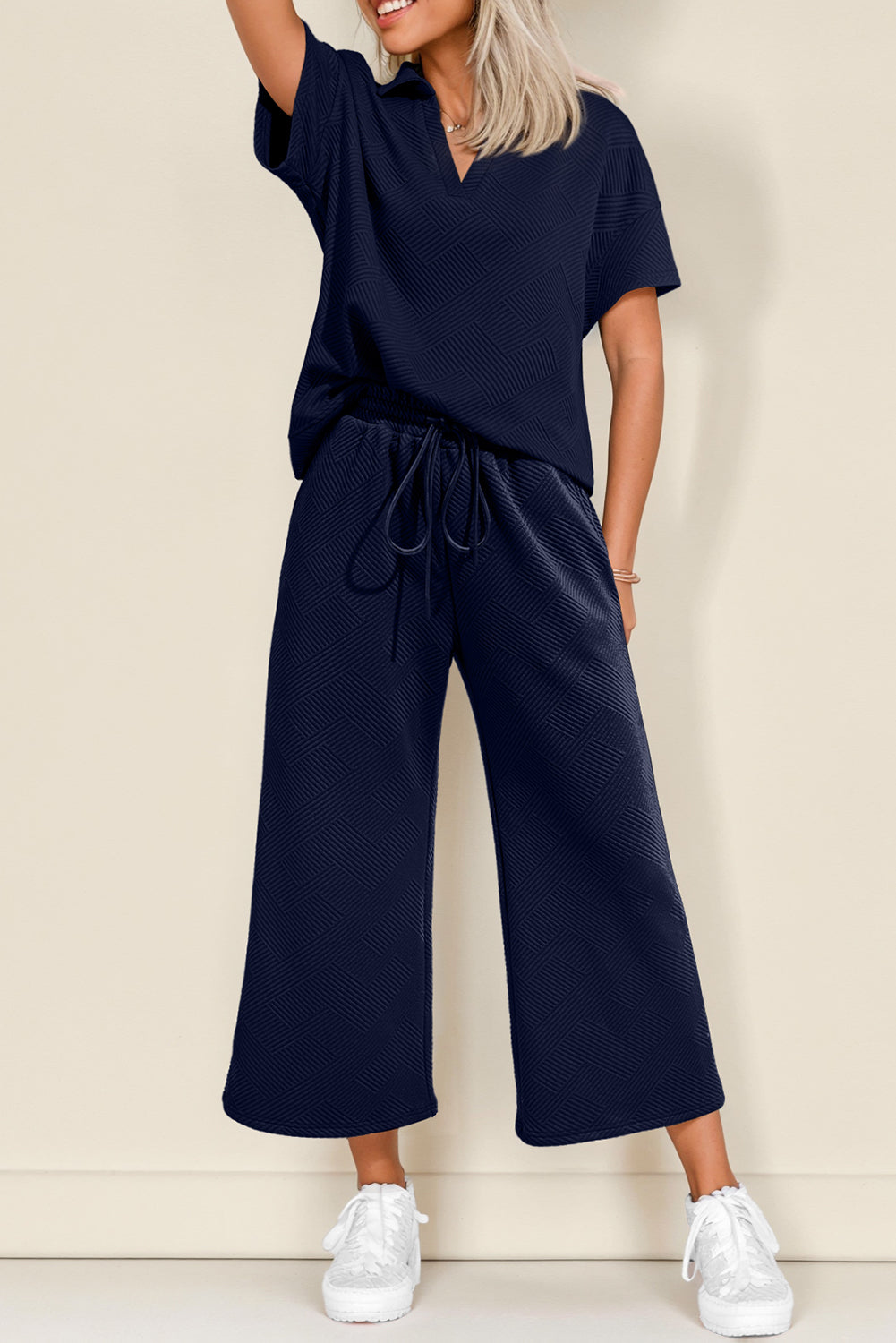Black Stylish Textured Loose Fit T Shirt and Drawstring Pants Set Navy Blue 97%Polyester+3%Elastane