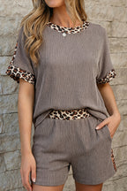 Light Grey Leopard Trim Twist Ribbed Short Set Light Grey 75%Polyester+20%Viscose+5%Elastane