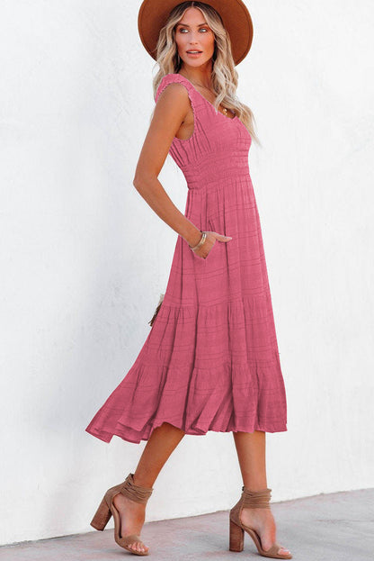 Apricot Shirred Pleated Square Neck Sleeveless Midi Dress