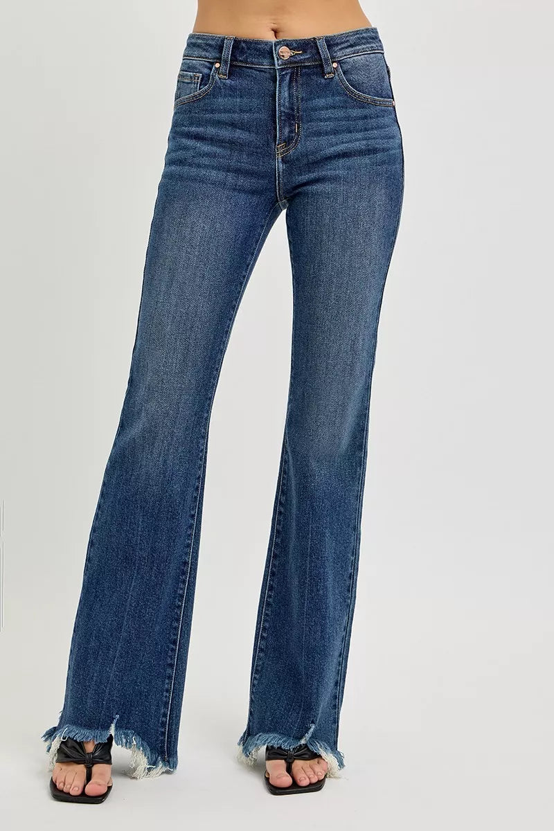 RISEN Mid Rise Flare Frayed Hem Jeans DARK