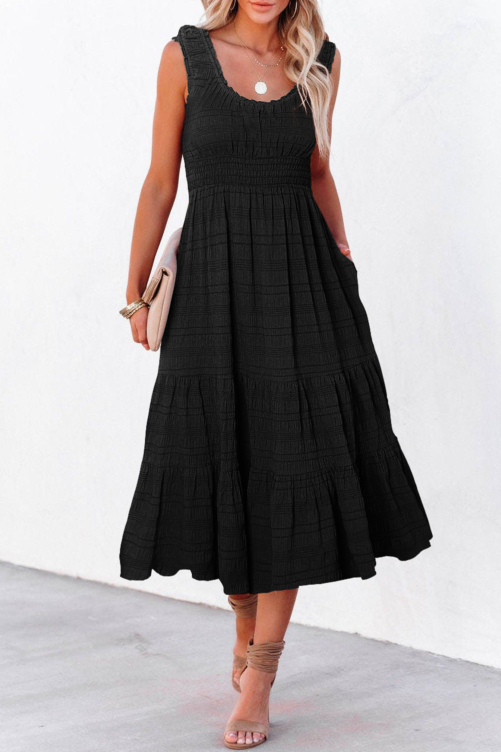 Apricot Shirred Pleated Square Neck Sleeveless Midi Dress