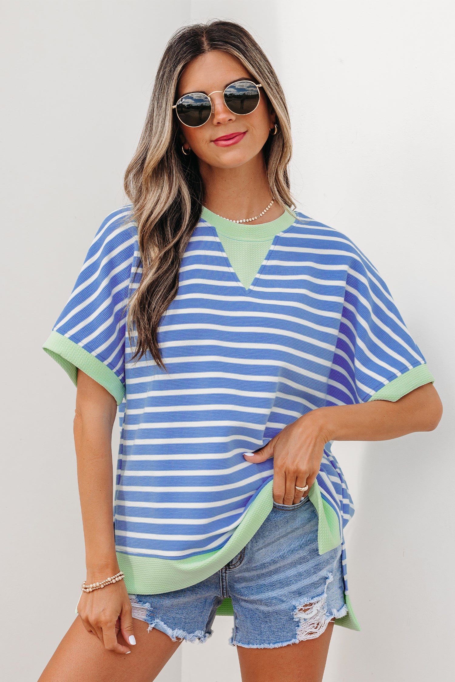 Sky Blue Stripe Contrast Trim Loose Short Sleeve Top Sky Blue Stripe 55%Regenerated Polyester+40%Cotton+5%Elastane