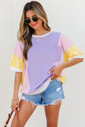 Purple Color Block Patchwork Half Sleeve Oversized T Shirt Purple 62%Polyester+32%Cotton+6%Elastane