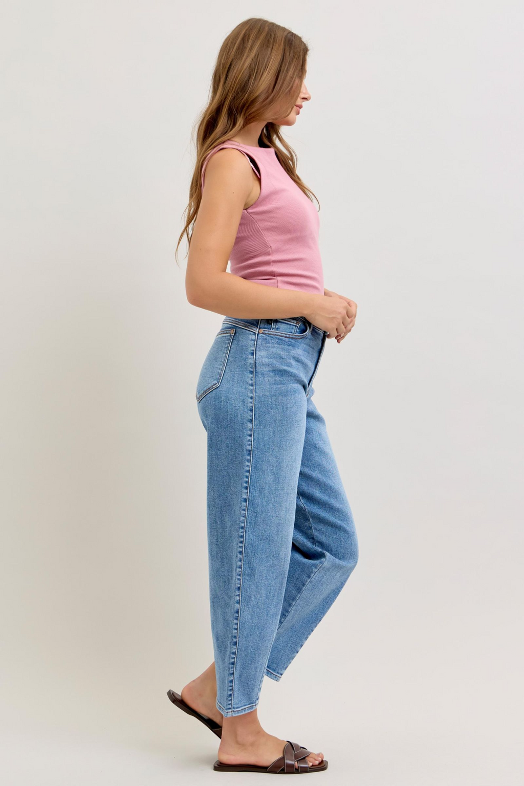 Judy Blue High Waist Front Darts Back Yoke Barrel Denim Jeans 82712