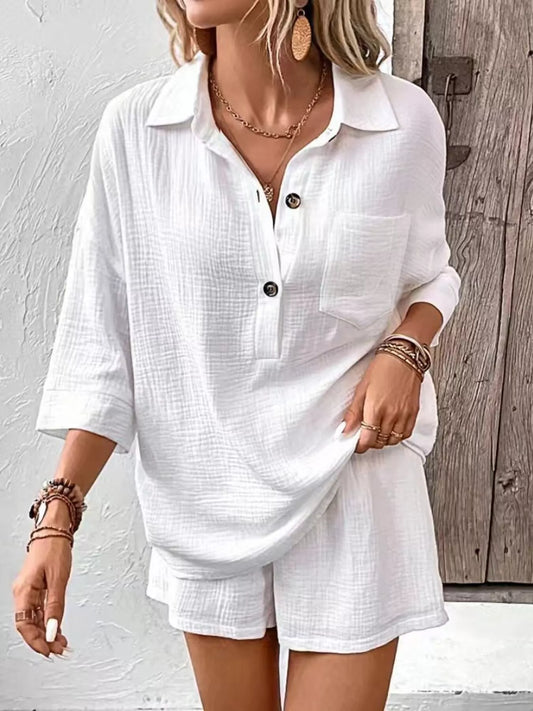 Button Detail Top and Shorts Set White