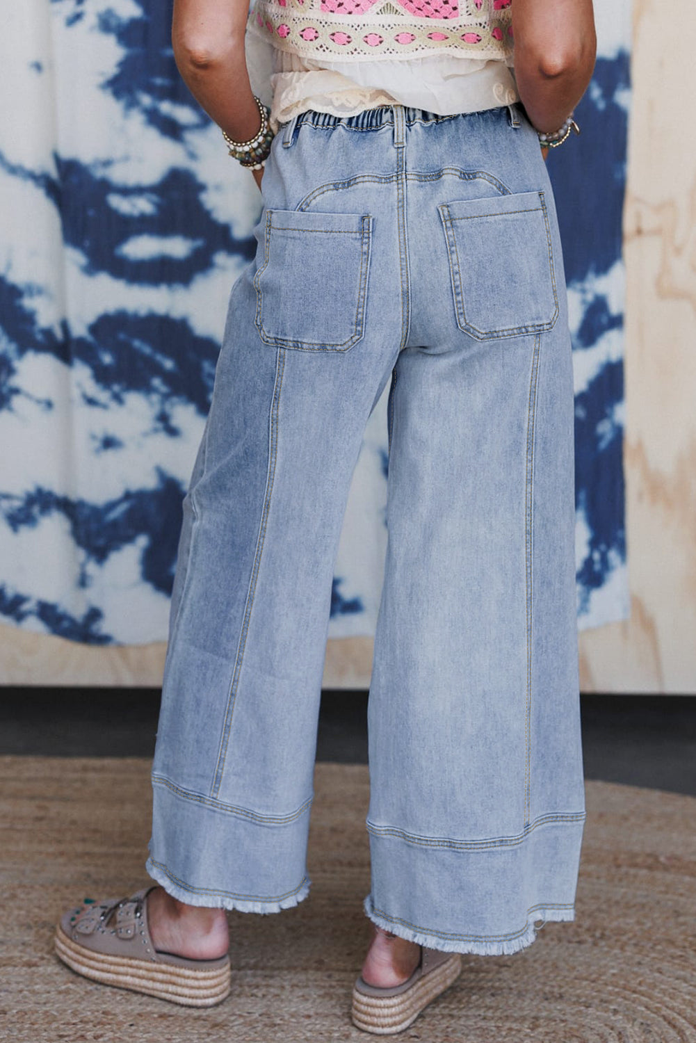 Gray Drawstring Seam Detail Raw Hem Wide Leg Jeans