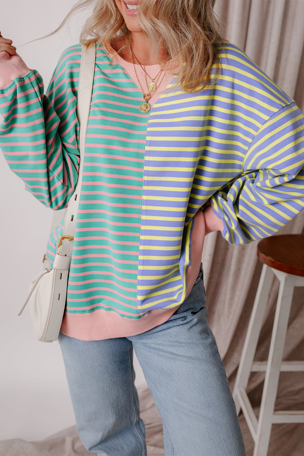 Brown Stripe Casual Stripe Colorblock Drop Shoulder Oversize Sweatshirt Sky Blue Stripe 95%Cotton+5%Elastane