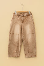 Smoke Gray Acid Wash Tie Waist Denim Pants