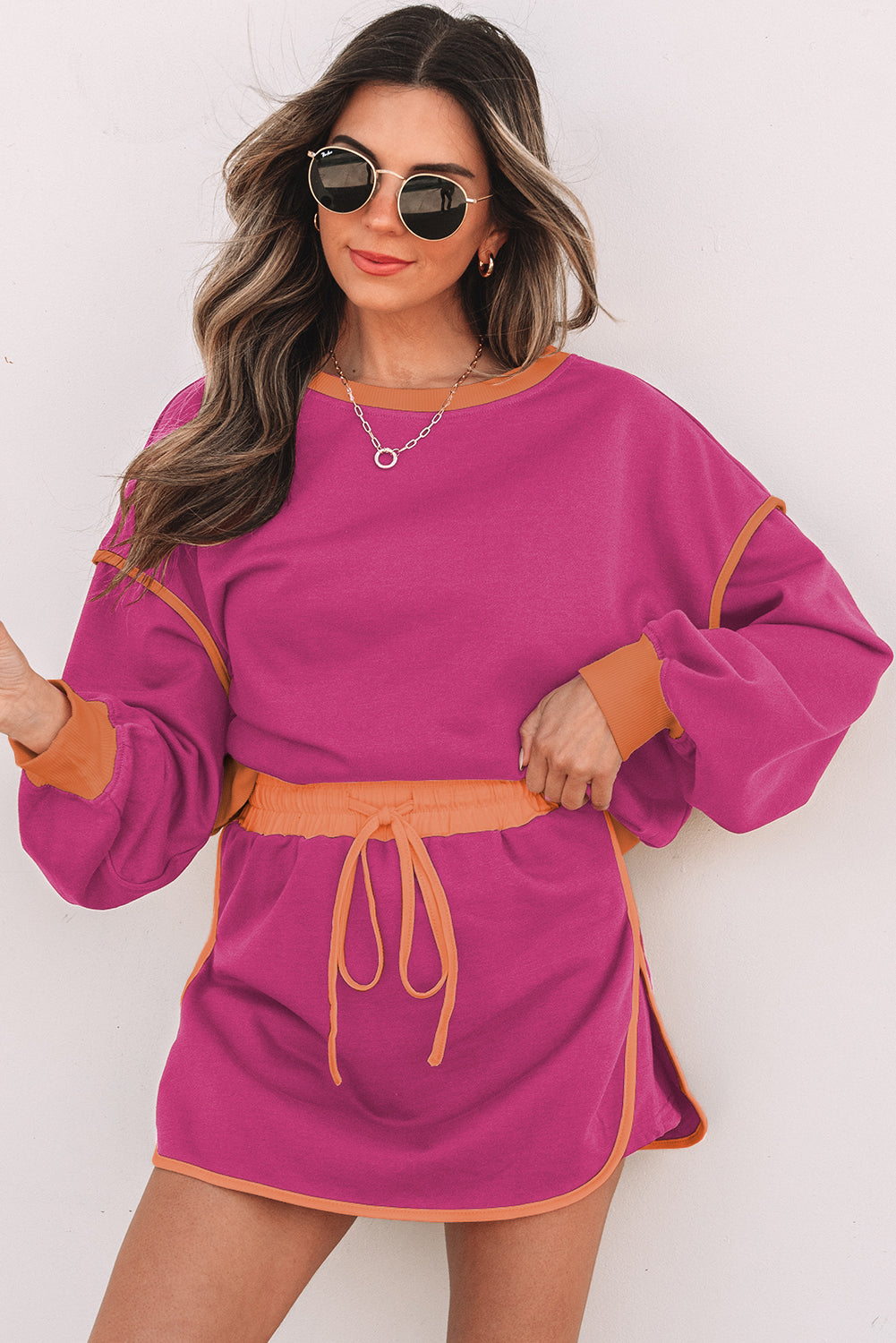 Evergreen Color Contrast Loose Pullover and Lace-up Waist Skort Set Rose Red 65%Polyester+35%Cotton