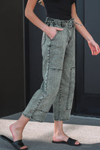 Smoke Gray Acid Wash Tie Waist Denim Pants