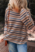 Multicolour Striped Knitted Drop Shoulder Round Neck Sweater Multicolour 55%Acrylic+45%Cotton