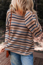 Multicolour Striped Knitted Drop Shoulder Round Neck Sweater Multicolour 55%Acrylic+45%Cotton