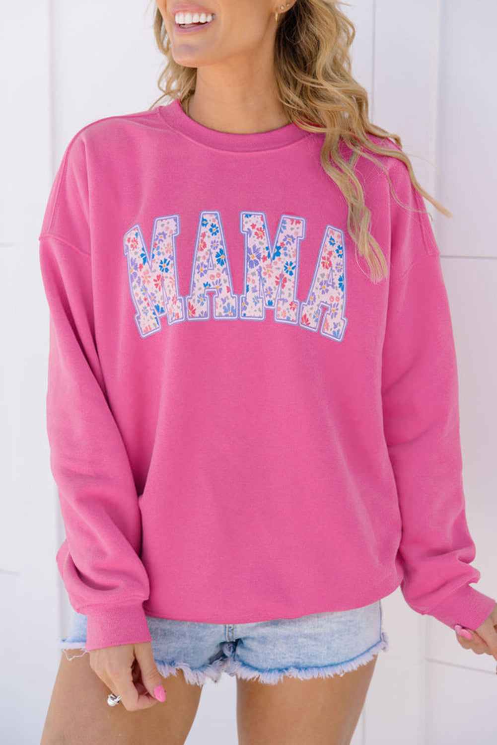 Rose Red Floral MAMA Embroidered Graphic Pullover Sweatshirt Rose Red 65%Polyester+35%Cotton