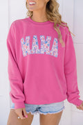 Rose Red Floral MAMA Embroidered Graphic Pullover Sweatshirt Rose Red 65%Polyester+35%Cotton