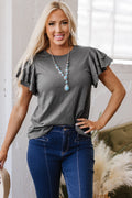 Dark Grey Layered Ruffle Short Sleeve Round Neck Top Dark Grey 65%Polyester+35%Cotton