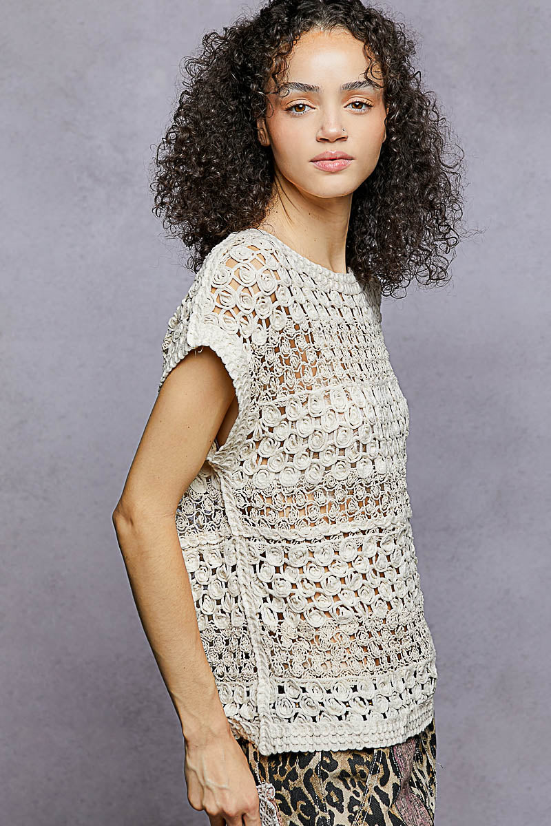POL Openwork Round Neck Crochet Top