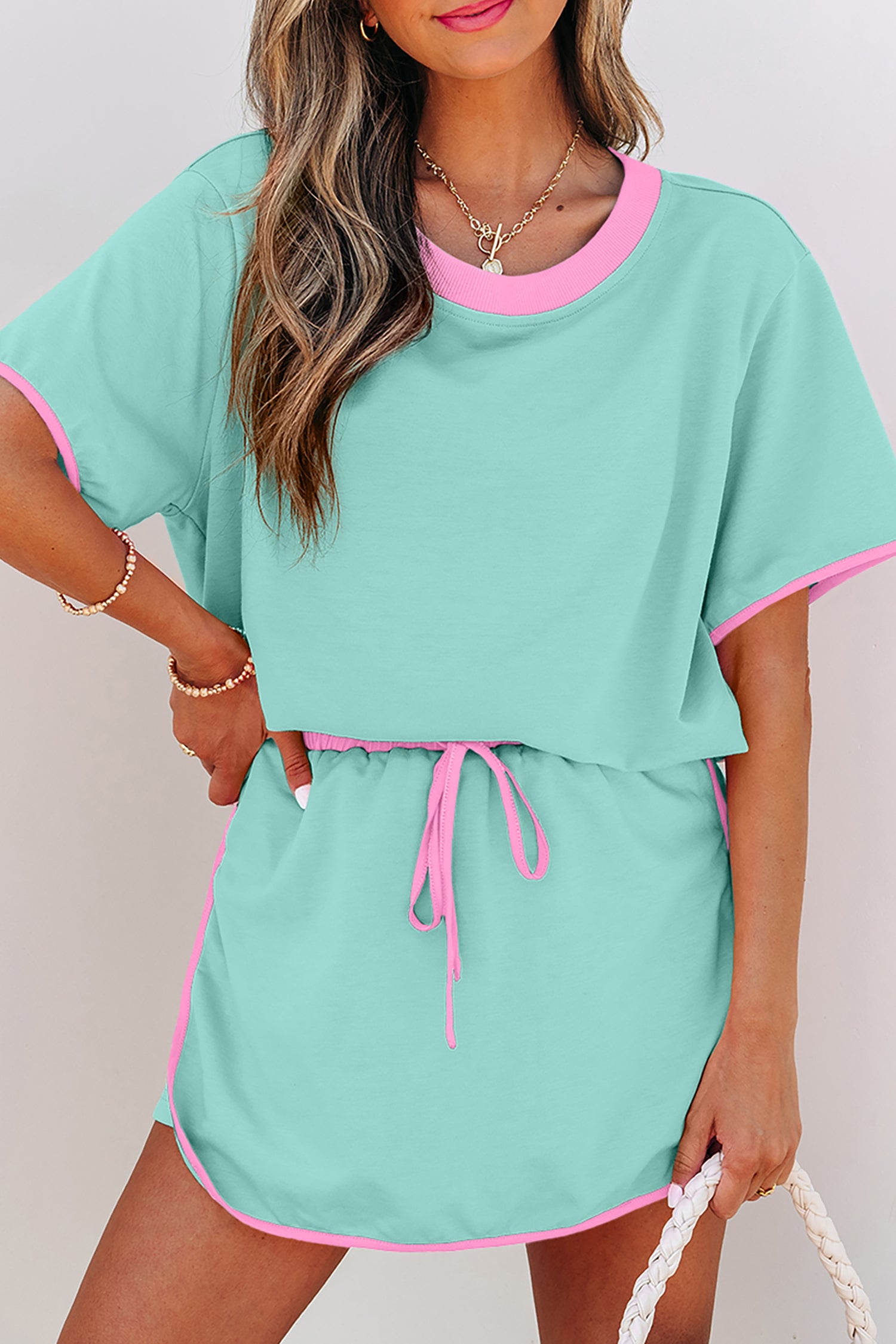 Turquoise Colorblock Edge Drop Shoulder T Shirt and Skort 2Pcs Set Moonlight Jade 75%Polyester+20%Cotton+5%Elastane