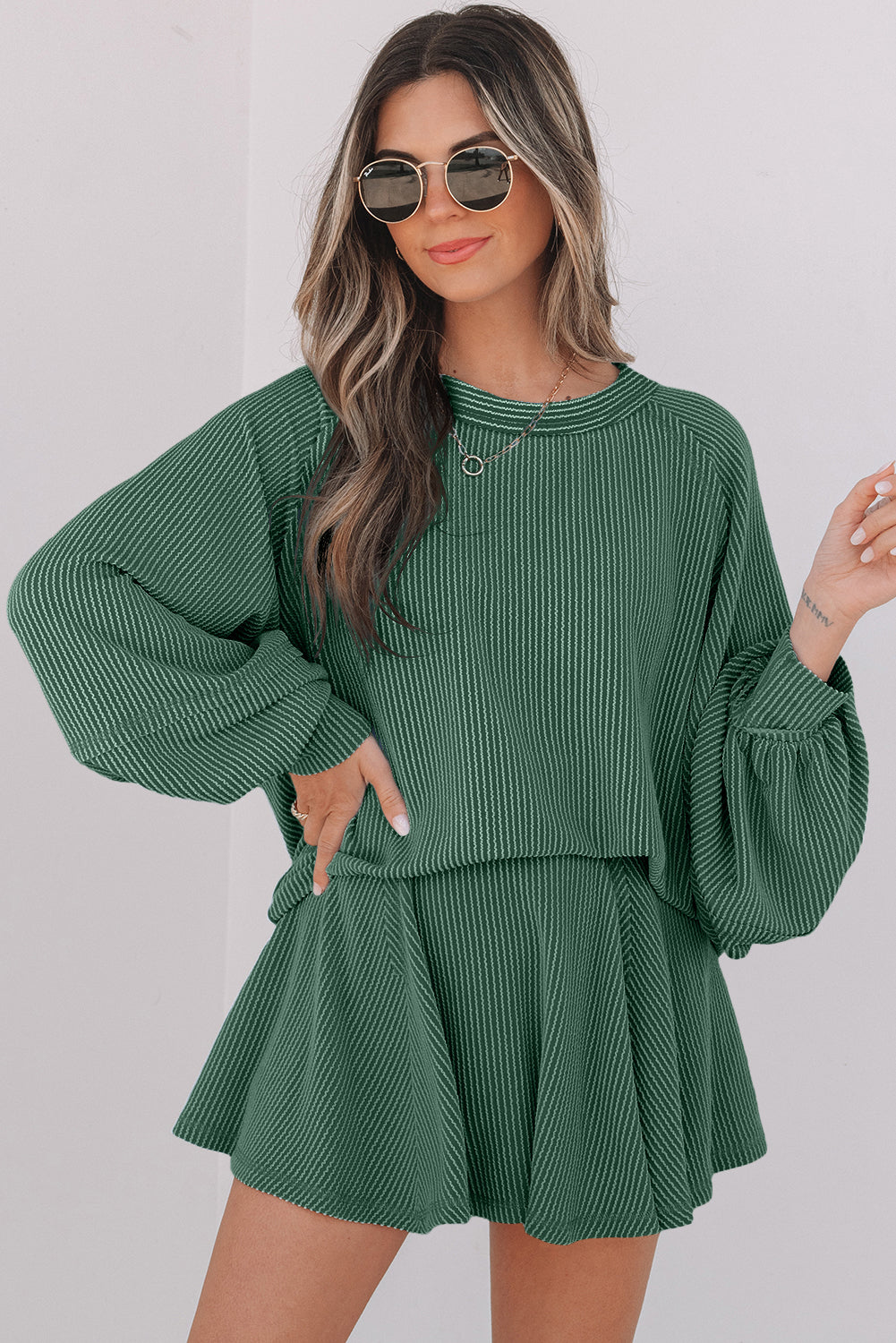 Jet Stream Corded Lantern Sleeve Top High Waist Ruffled Mini Skort Set Mist Green 75%Polyester+20%Viscose+5%Elastane