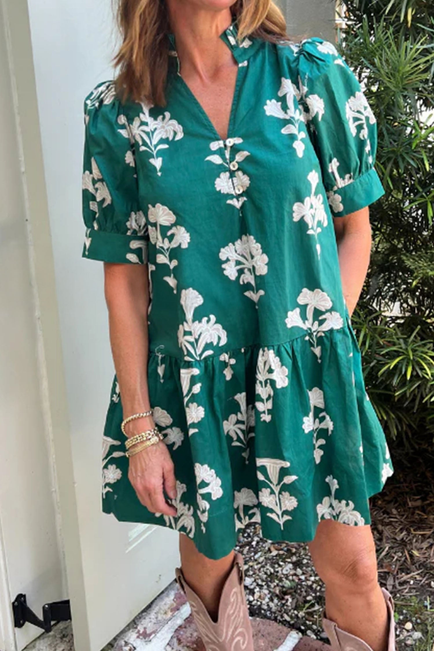 Black Frilled V Neck Puff Short Sleeve Floral Mini Dress Green 55%Cotton+45%Viscose