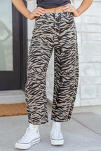 Gray Zebra Stripe Printed Wide Leg Barrel Jeans Gray 56.7%Polyester+40.9%Cotton+2.4%Elastane