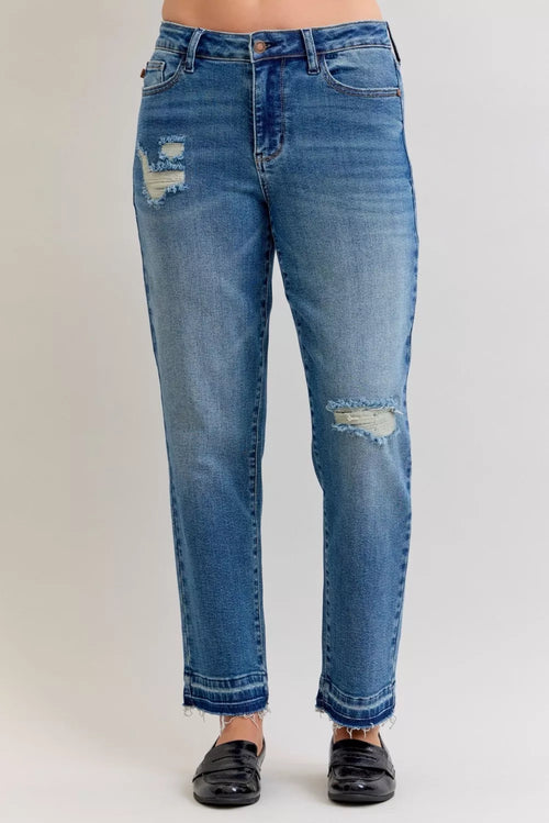 Judy Blue Full Size Mid Rise Bf Patch & Repair Destroy Release Hem Jeans Plus Size