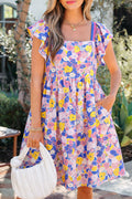 Multicolour Floral Print Flutter Sleeve Striped Trim Square Neck Loose Mini Dress Multicolour 55%Cotton+45%Viscose