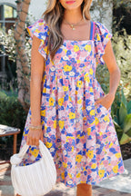 Multicolour Floral Print Flutter Sleeve Striped Trim Square Neck Loose Mini Dress Multicolour 55%Cotton+45%Viscose