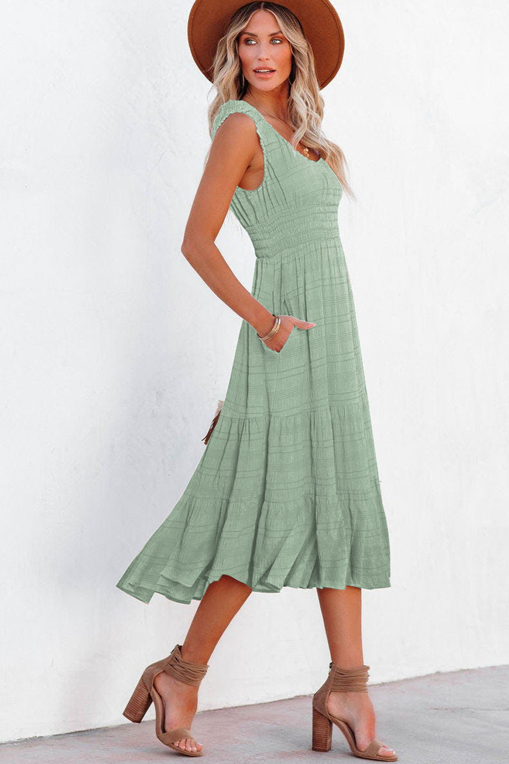 Apricot Shirred Pleated Square Neck Sleeveless Midi Dress