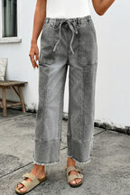 Beau Blue Drawstring Seam Detail Raw Hem Wide Leg Denim Pants