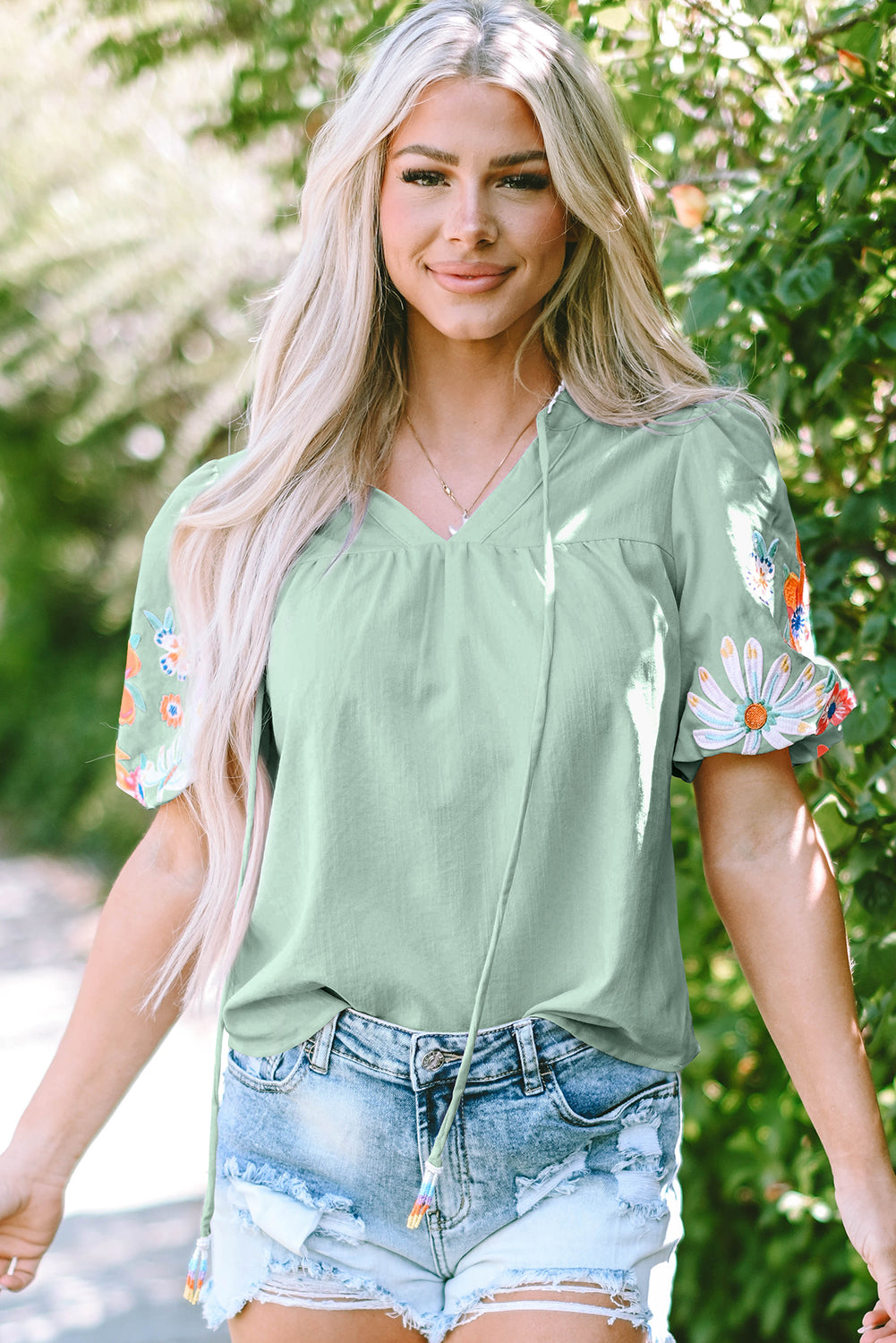 Clearly Aqua Floral Embroidered Puff Sleeve Split Neck Blouse Clearly Aqua 58%Viscose+37%Polyester+5%Polyamide