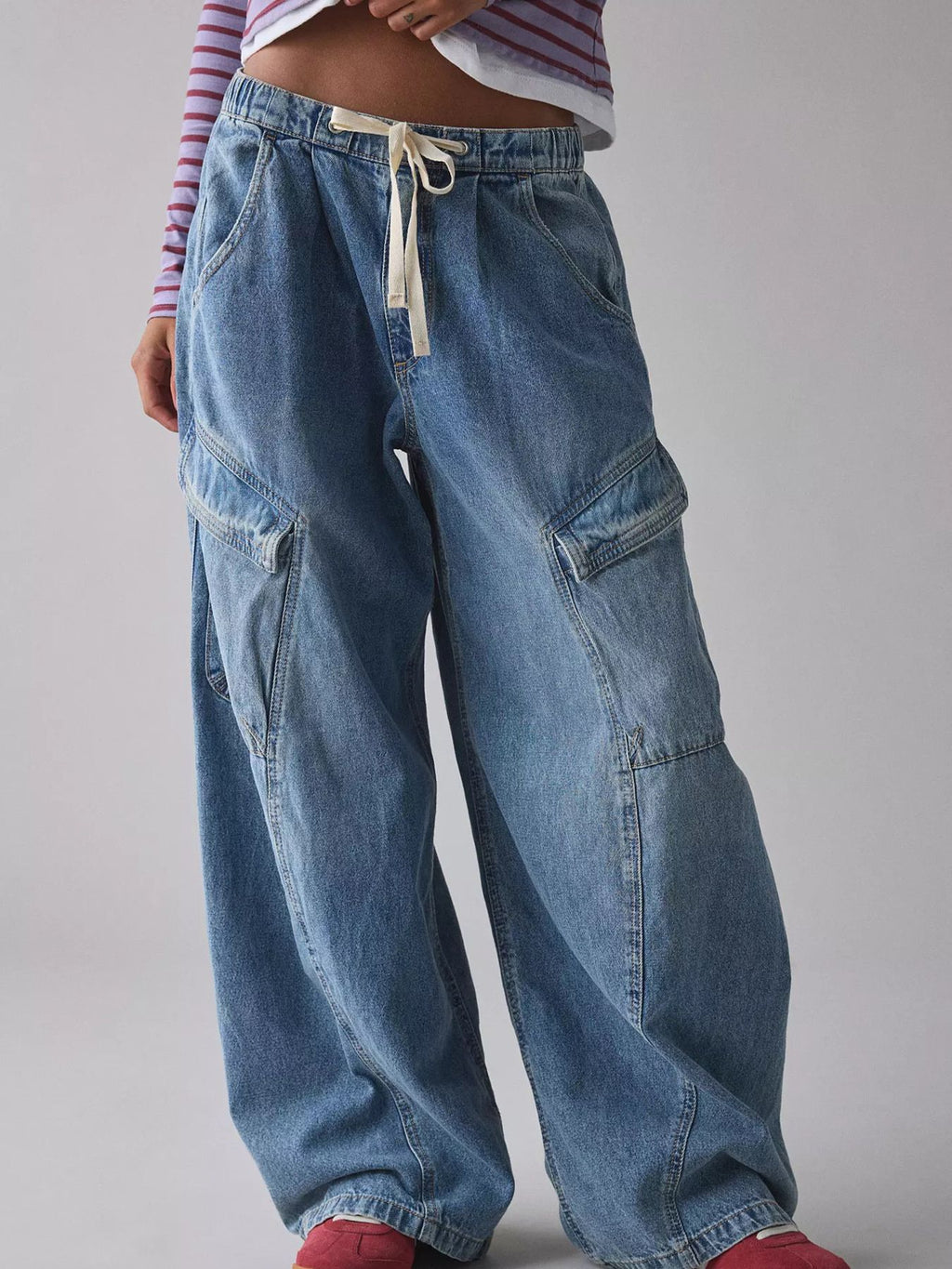 Drawstring Waist Cargo Jeans Dusty Blue