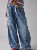Drawstring Waist Cargo Jeans Dusty Blue