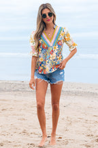 Multicolour Crochet V Neck Half Sleeve Boho Floral Blouse