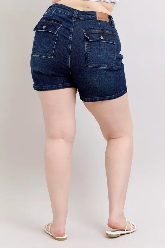 Judy Blue High Waist Back Flap Pocket Dark Wash Denim Shorts