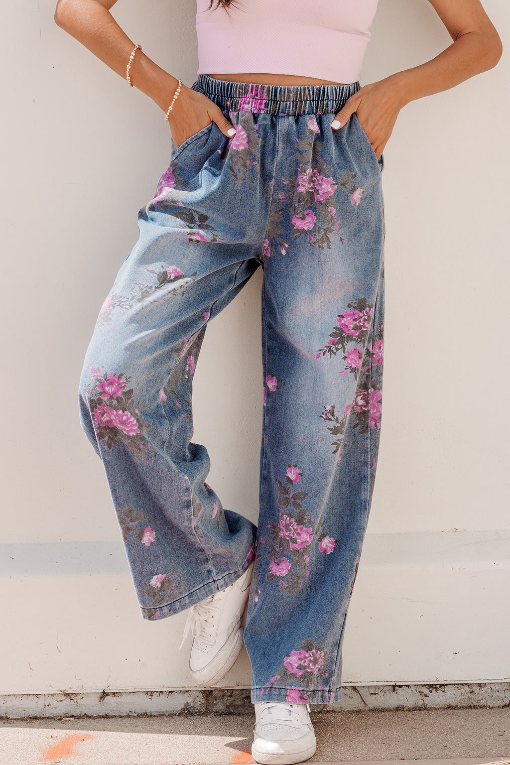 Beau Blue Floral Print Elastic Waist Pull On Casual Jeans Beau Blue 50%Polyester+50%Cotton