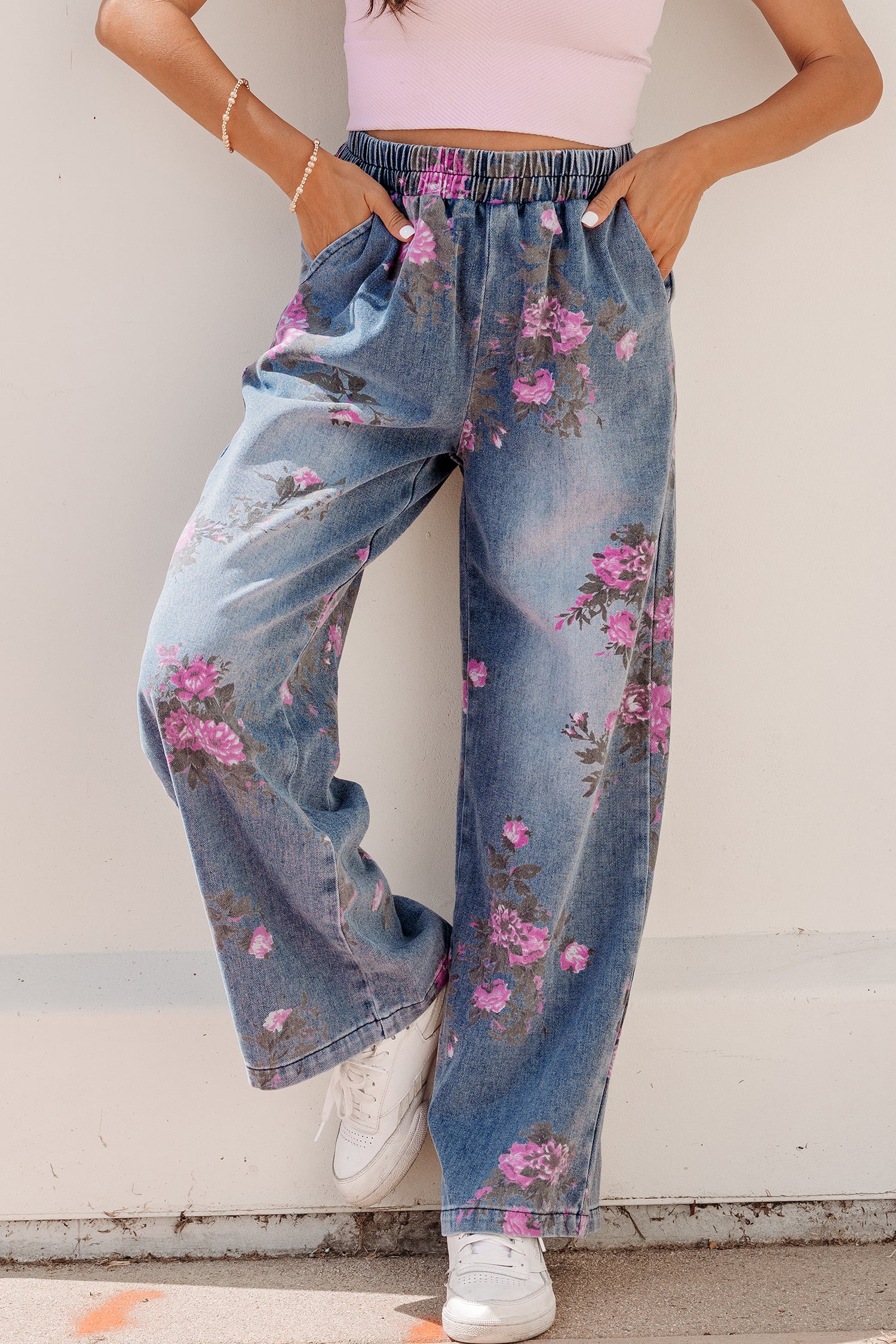 Beau Blue Floral Print Elastic Waist Pull On Casual Jeans Beau Blue 50%Polyester+50%Cotton