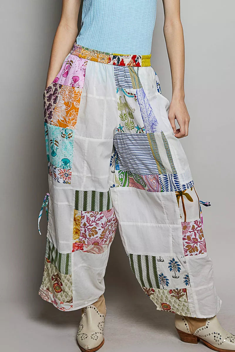 POL Printed Patchwork Wide Leg Pants with Adjustable Side Drawstring IVORY MULTI