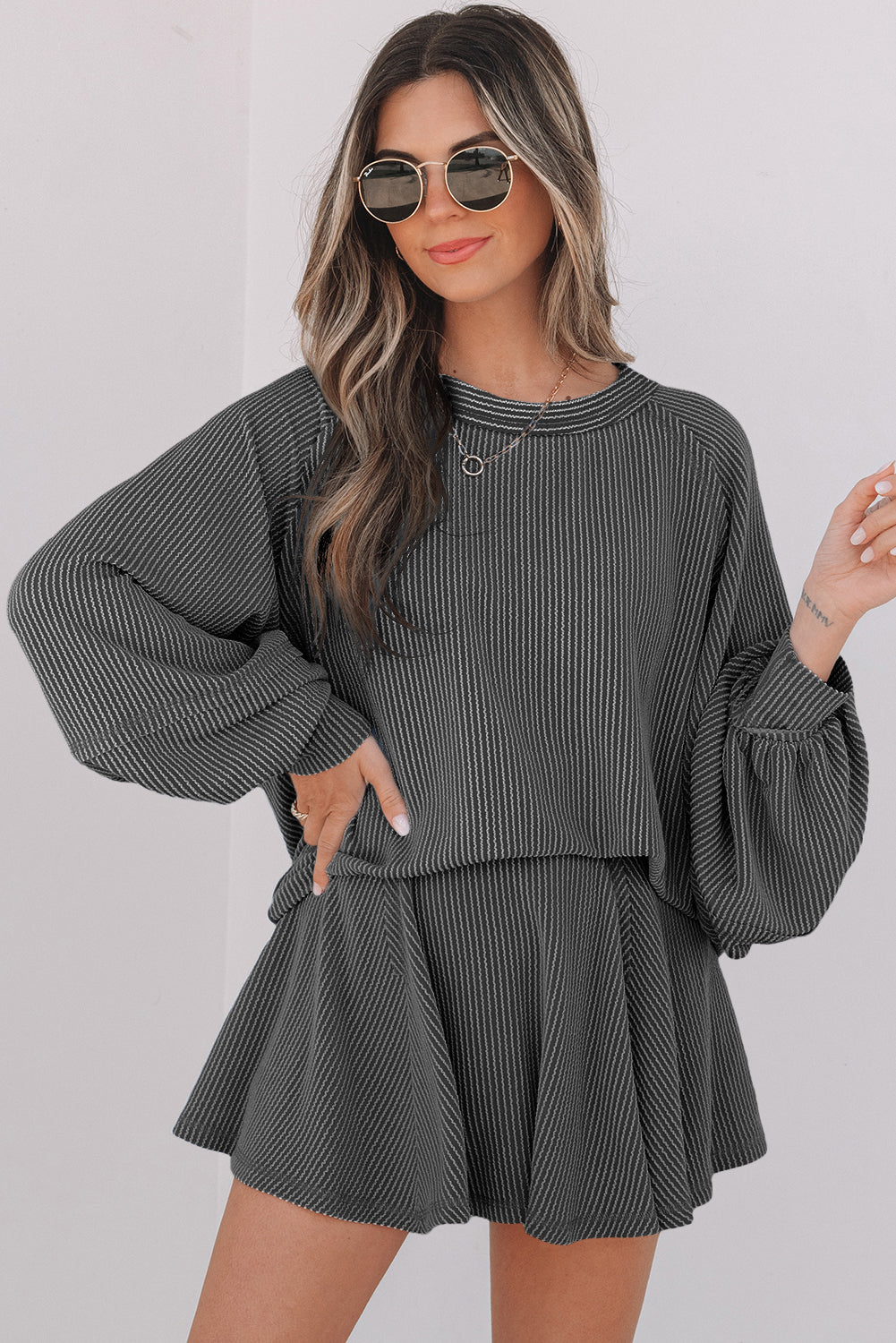 Jet Stream Corded Lantern Sleeve Top High Waist Ruffled Mini Skort Set Dark Grey 75%Polyester+20%Viscose+5%Elastane