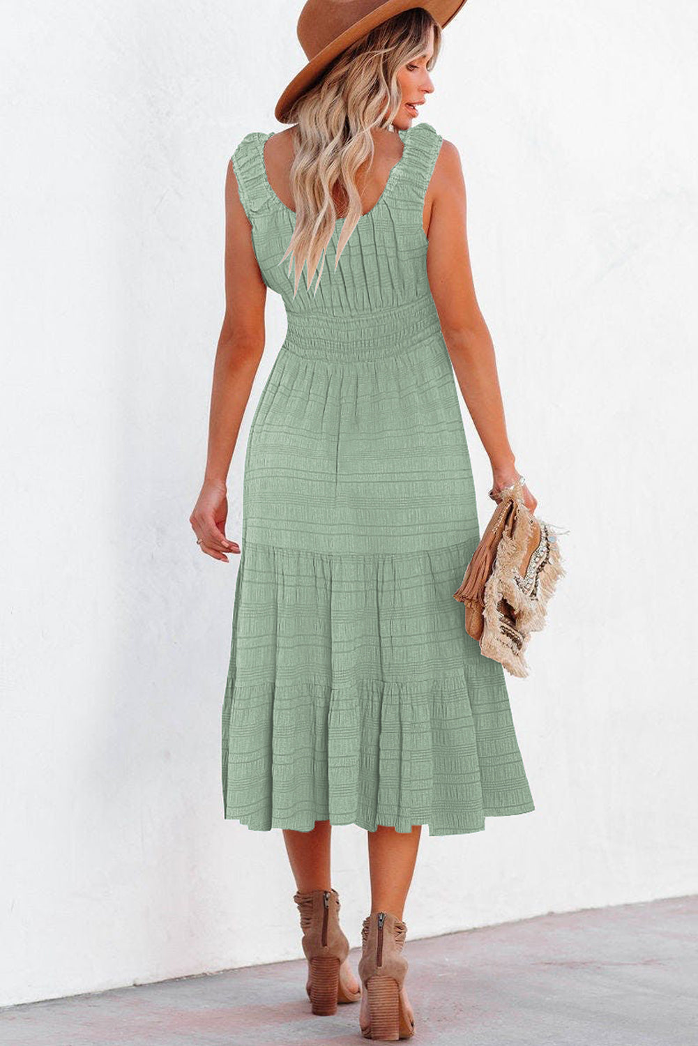 Apricot Shirred Pleated Square Neck Sleeveless Midi Dress