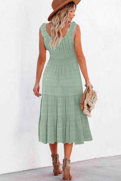 Apricot Shirred Pleated Square Neck Sleeveless Midi Dress