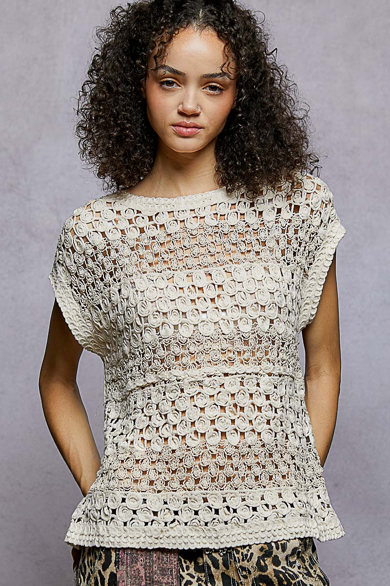 POL Openwork Round Neck Crochet Top NATURAL One Size
