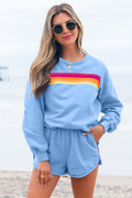 Beau Blue Accent Pullover and Shorts Two Piece Casual Set Beau Blue 50%Polyester+50%Cotton