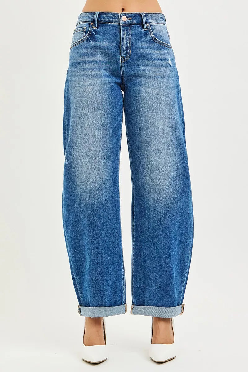RISEN Full Size Mid Rise Barrel Double Roll Up Jeans Plus Size DARK