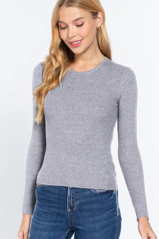 ACTIVE BASIC Full Size Ribbed Round Neck Long Sleeve Knit Top GREY