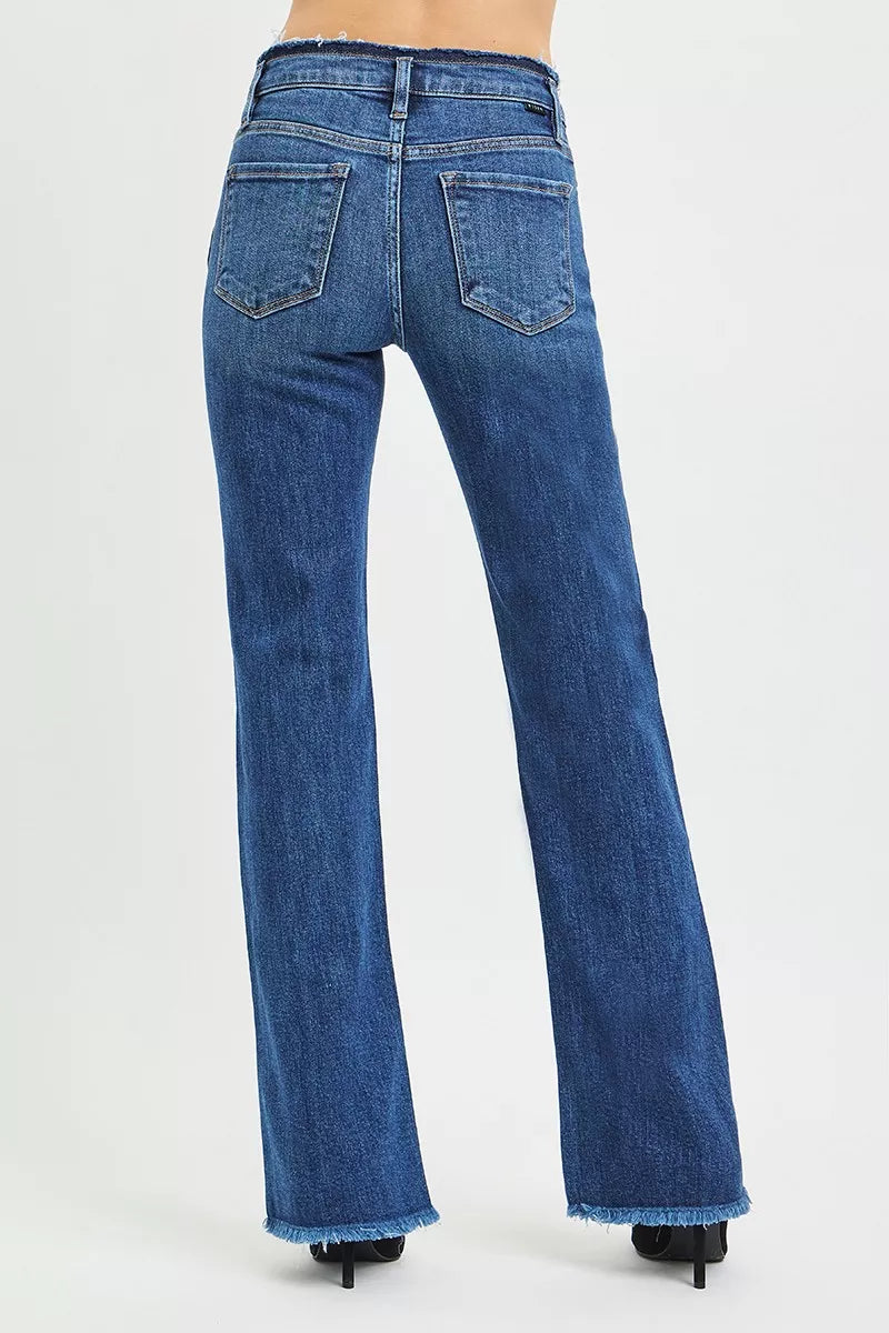 RISEN Mid Rise Bootcut Frayed Waistband Hem Detail Jeans