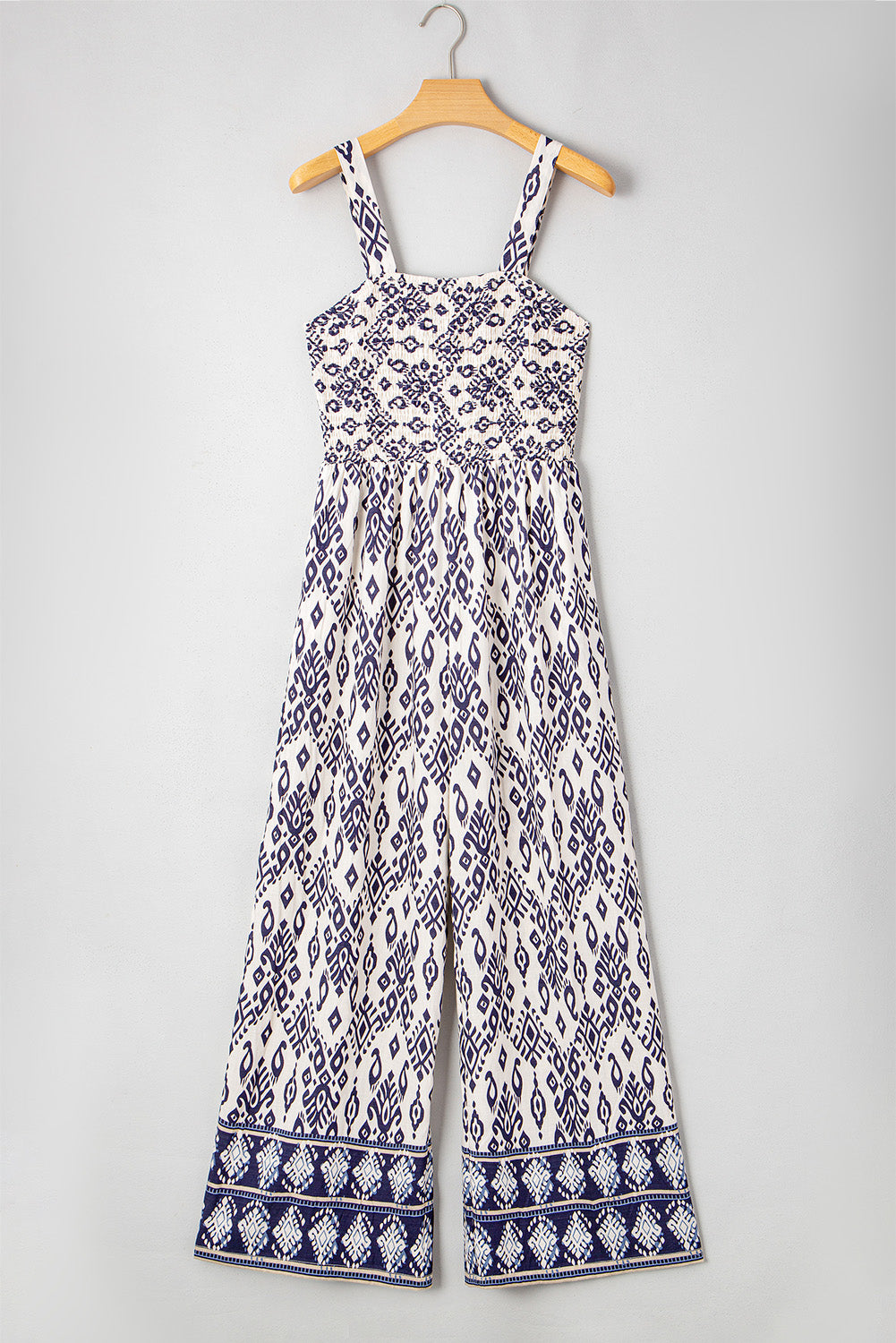Blue Boho Geometric Print Smocked High Waist Wide Leg Jumpsuit