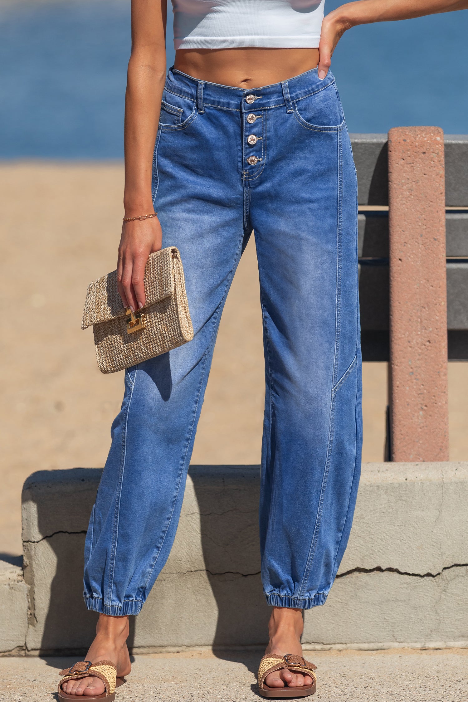 Blue 4 Buttons Front Tapered Casual Loose Fit Jeans Blue 65%Cotton+33%Polyester+2%Elastane