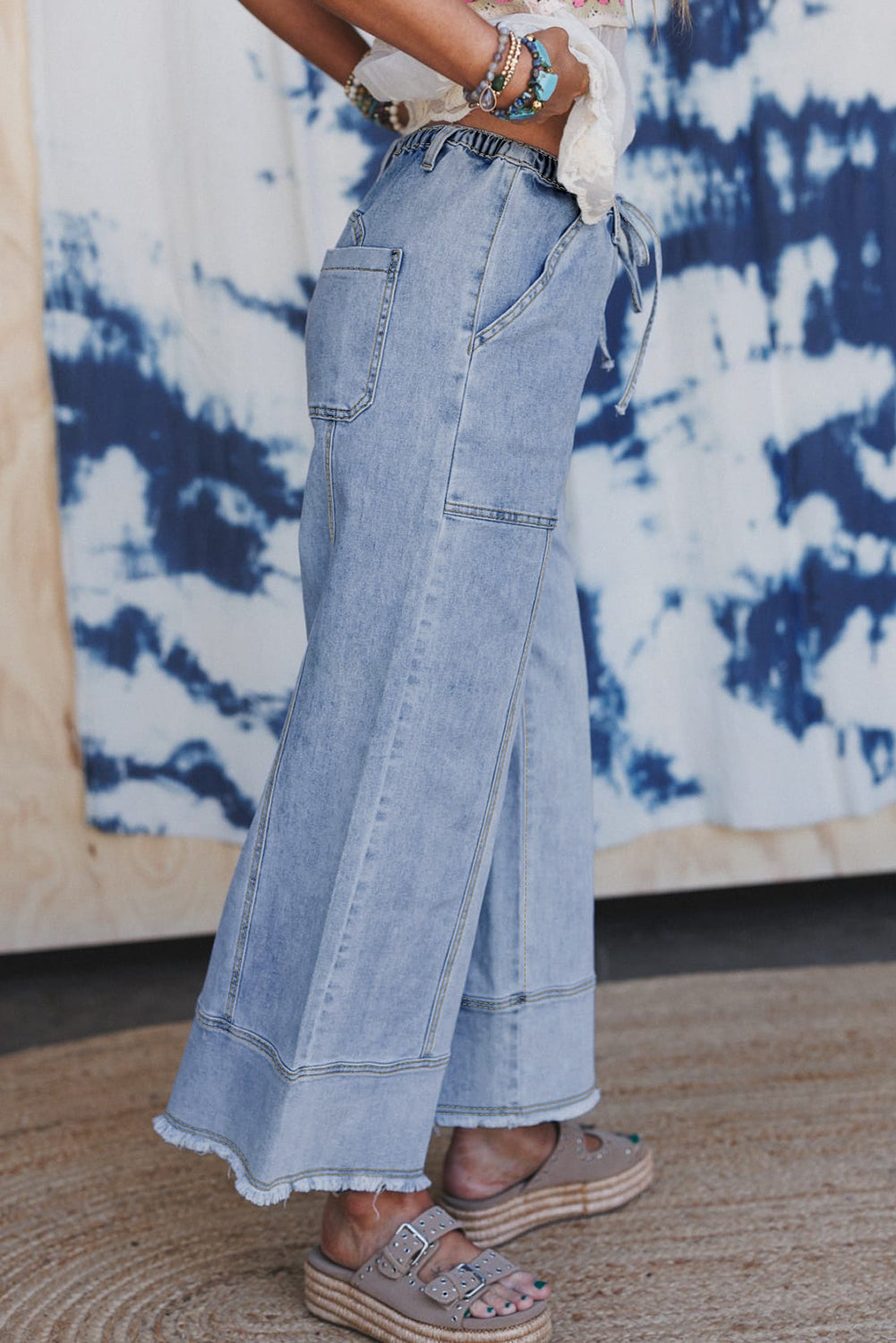 Gray Drawstring Seam Detail Raw Hem Wide Leg Jeans