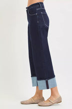 RISEN Slouchy Crop Barrel Cuffed Hem Jeans PGC21709 - SOLID DARK