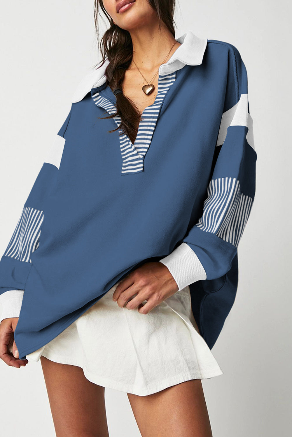 Black Striped Colorblock Patchwork Collar Sweatshirt Sail Blue 50%Polyester+50%Cotton